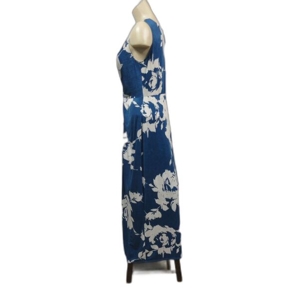CLARA SUN WOO Crushed Silk Knit Center Slit Maxi Dress Sz M 12 Blue White Floral - Picture 3 of 15